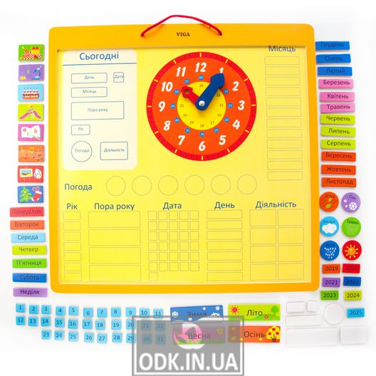 Магнитный календарь Viga Toys с часами, на украинском языке (50377U)