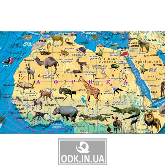 Світ. Карта тварин. 65x45 см. М 1:54 500 000. Картон, ламінація (4820114954381)