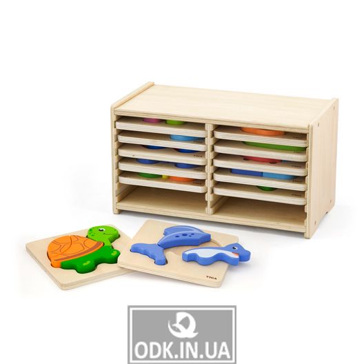 Set of wooden mini-puzzles Viga Toys with a rack for storage, 12 pcs. (51423)