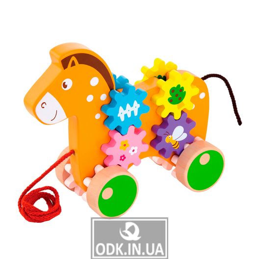 Деревянная каталка Viga Toys Лошадка с шестеренками (50976)