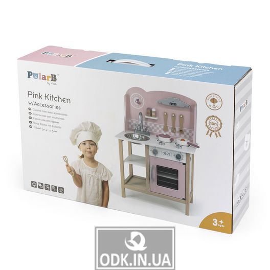 Детская кухня из дерева с посудой Viga Toys PolarB розовый (44046)