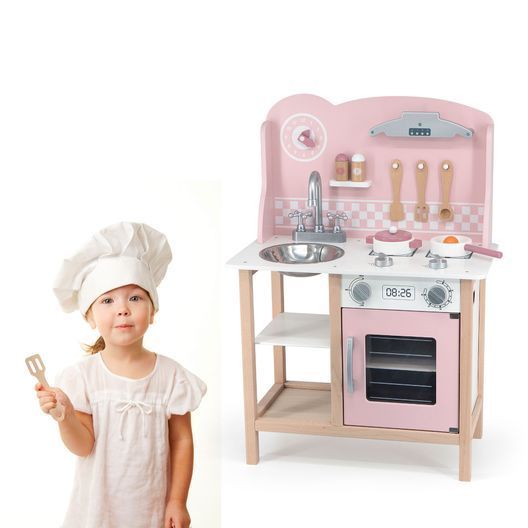 Дитяча кухня з дерева з посудом Viga Toys PolarB рожевий (44046)