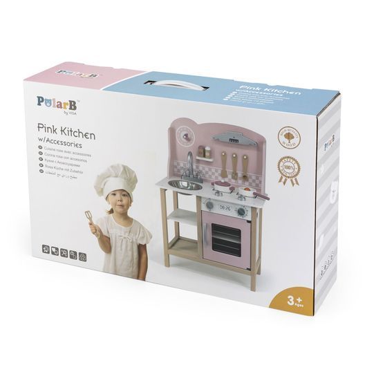 Дитяча кухня з дерева з посудом Viga Toys PolarB рожевий (44046)
