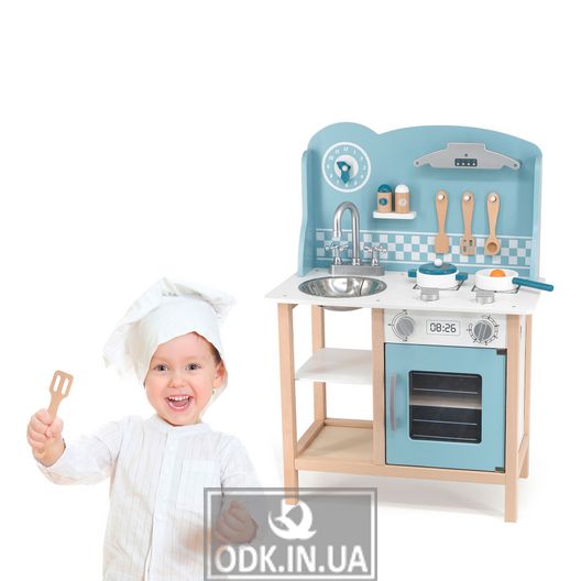 Дитяча кухня з дерева з посудом Viga Toys PolarB блакитний (44047)