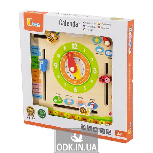 Viga Toys wooden calendar with clock, in English (44538)