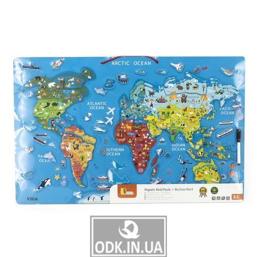 Magnetic puzzle Viga Toys World map with marker board, English (44508EN)