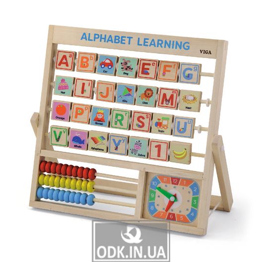 Wooden game Viga Toys English alphabet with clock and abacus (50033)